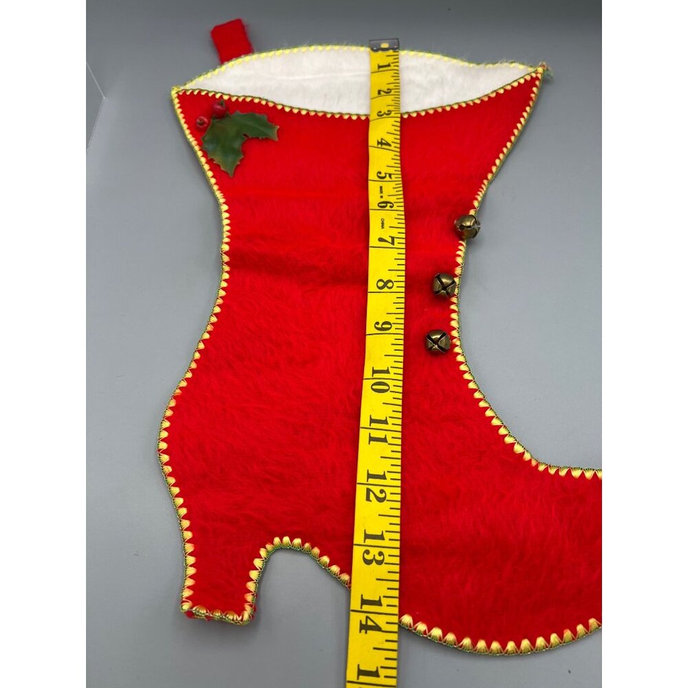 Vintage Christmas Stocking High Heel Boot with Bells and Holly Soft Fur 15" Tall - Picture 3 of 9
